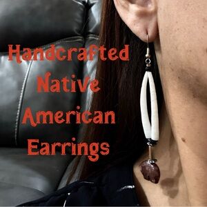 Native American handmade earrings made with obsidian beads and dentalium